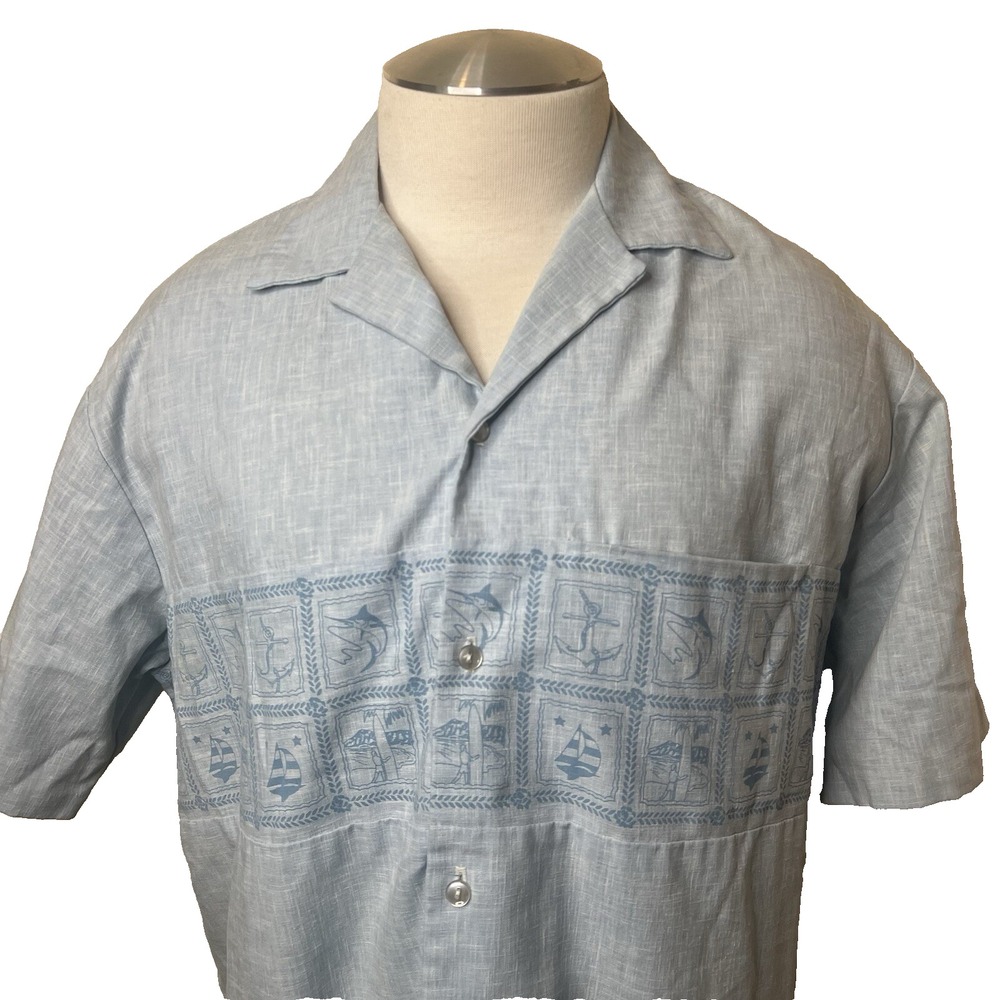 IOLANI Vintage Mens XL Blue Marlin Nautical Print Aloha Hawaiian Shirt Vacation
